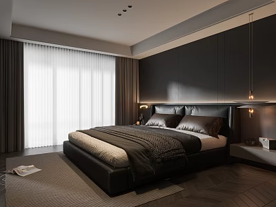 Modern Bedroom Interior With Dark Wall Black Bed White Curtains Nightstand Carpet And Wooden Floor 3d model