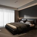 Modern Bedroom Interior With Dark Wall Black Bed White Curtains Nightstand Carpet And Wooden Floor