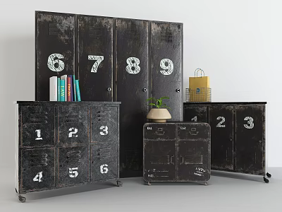 Vintage Industrial Storage Cabinets with Numbered Doors Rolling Wheels and Decorative Items 3d model