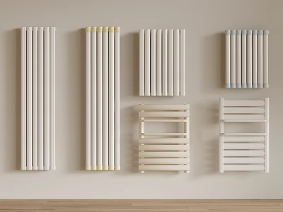 Different Styles of Wall Mounted Radiators on Light Colored Wall with Wooden Floor 3d model