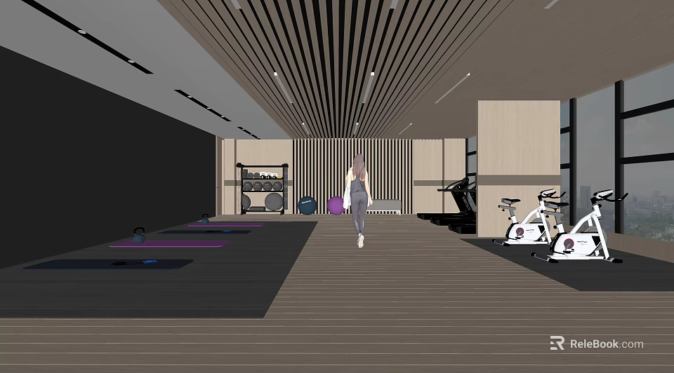 Modern Fitness Gym Interior With Yoga Mats Treadmill And Exercise Bikes 3d model 