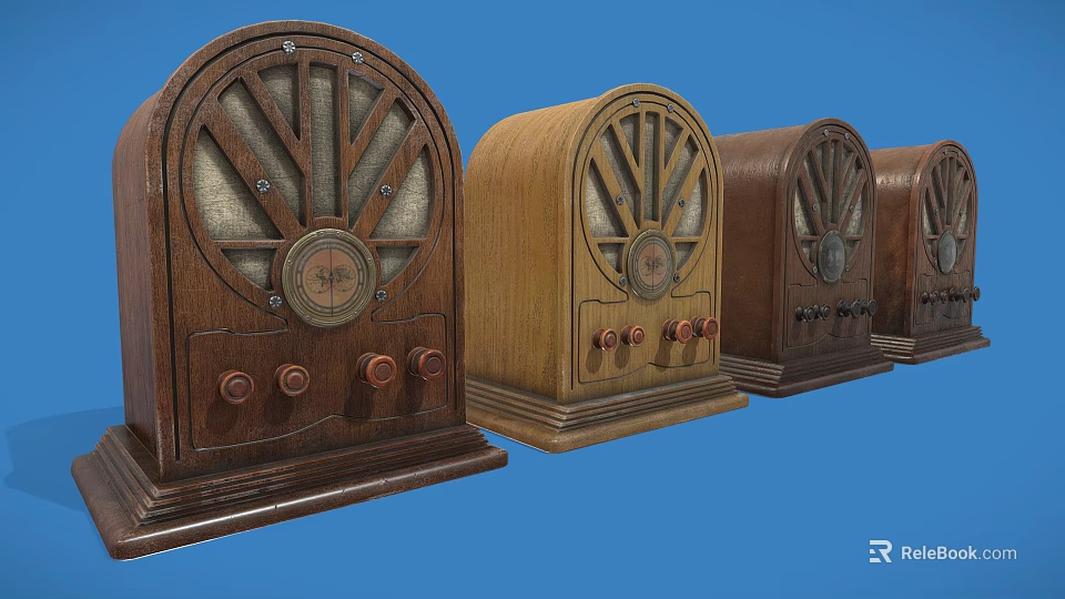 Vintage Wooden Headphone Speakers Multiple Units Arranged On Blue Background 3d model 