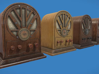 Vintage Wooden Headphone Speakers Multiple Units Arranged On Blue Background 3d model
