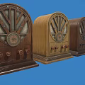 Vintage Wooden Headphone Speakers Multiple Units Arranged On Blue Background