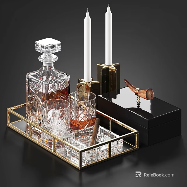 Crystal Decanter And Glasses On Gold Rimmed Tray With Cigar White Candles And Black Background 3d model 