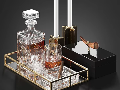 Crystal Decanter And Glasses On Gold Rimmed Tray With Cigar White Candles And Black Background 3d model