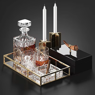 Crystal Decanter And Glasses On Gold Rimmed Tray With Cigar White Candles And Black Background 3d model