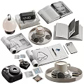 Decorative Ornament Set With Alarm Clock Open Books Coffee Cup Cookies Vintage Camera And Glasses