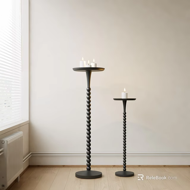 Black Spiral Candlestands in Different Heights with White Candles Against Light Colored Wall Near Window 3d model 