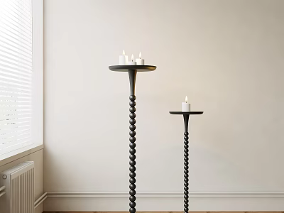 Black Spiral Candlestands in Different Heights with White Candles Against Light Colored Wall Near Window 3d model