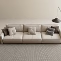 Modern Three Seater Sofa in Beige with Throw Pillows Black Floor Lamp and Side Table