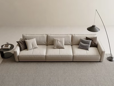 Modern Three Seater Sofa in Beige with Throw Pillows Black Floor Lamp and Side Table 3d model