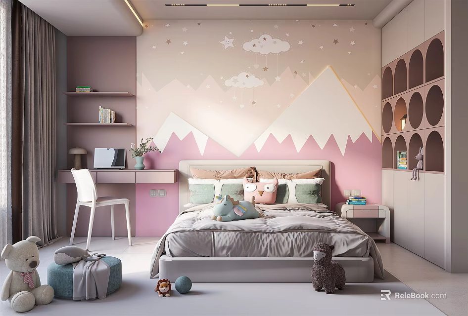 Cozy Kids Room Interior With Pink Wall Cloud Star Mountain Pattern Bed Desk Stuffed Toys 3d model 