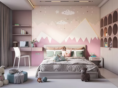 Cozy Kids Room Interior With Pink Wall Cloud Star Mountain Pattern Bed Desk Stuffed Toys 3d model