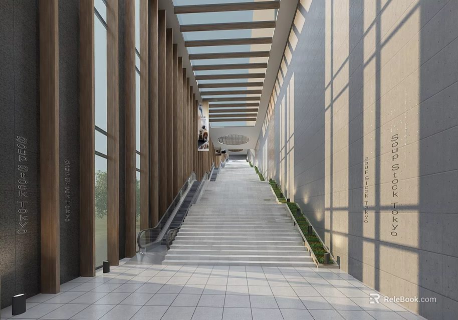 Well Lit Modern Corridor With Tall Columns Wall Inscriptions White Tile Floor And Wooden Beams 3d model 