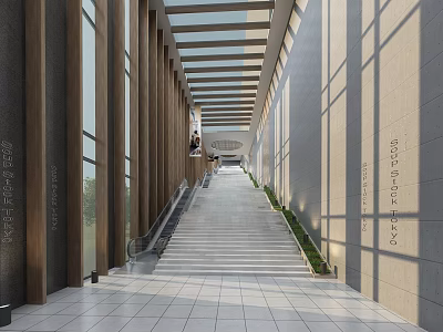 Well Lit Modern Corridor With Tall Columns Wall Inscriptions White Tile Floor And Wooden Beams 3d model