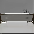 Modern White Console Cabinet With Golden Legs Wooden Accents And Decorative Items On Top