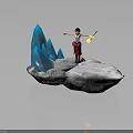 Character In Red Black Outfit With Yellow Lantern On Snowy Ground Near Blue Ice Spikes