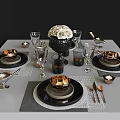 Elegant Black And Gold Dinnerware Set With Placemats Glassware Candle Holders And Flower Centerpiece