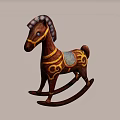 Vintage Wooden Rocking Horse With Gold Decorative Patterns And Blue Saddle On Orange Background