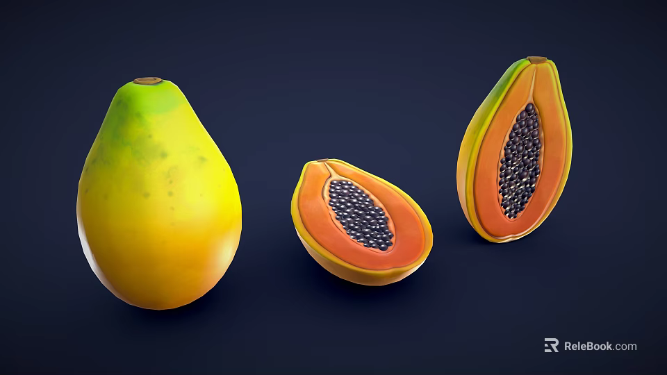 Whole And Sliced Papaya With Orange Flesh And Black Seeds On Dark Background 3d model 