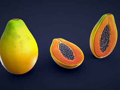 Whole And Sliced Papaya With Orange Flesh And Black Seeds On Dark Background 3d model