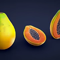 Whole And Sliced Papaya With Orange Flesh And Black Seeds On Dark Background