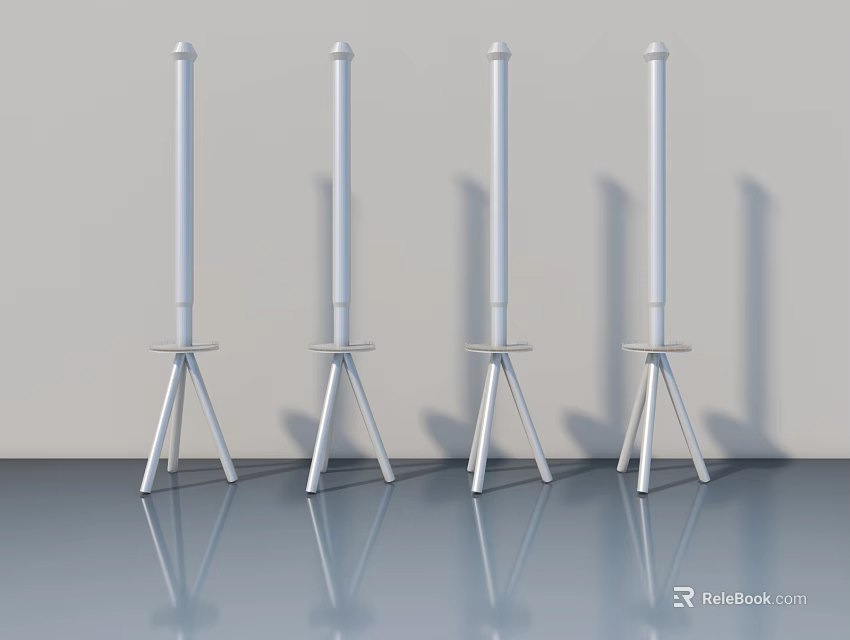 Four White Swing Doors With Tripod Stands On Reflective Sleek Floor Design 3d model 