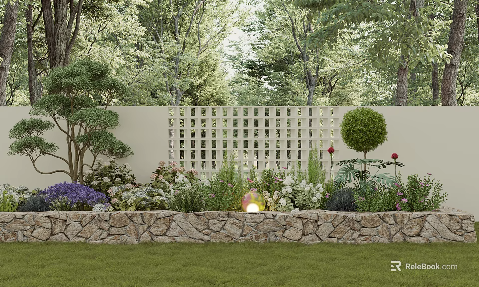 Bonsai Potted Plants In Garden With Stone Wall White Lattice Fence Green Trees Lawn And Flowers 3d model 