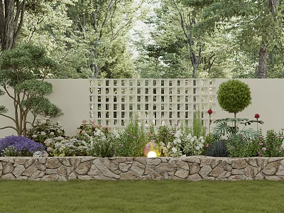 Bonsai Potted Plants In Garden With Stone Wall White Lattice Fence Green Trees Lawn And Flowers 3d model
