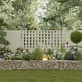Bonsai Potted Plants In Garden With Stone Wall White Lattice Fence Green Trees Lawn And Flowers