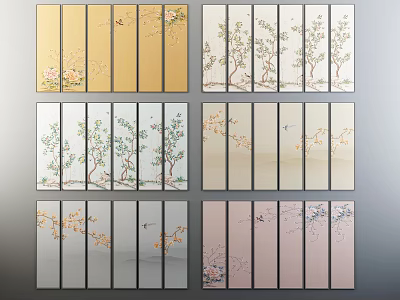 Elegant Oriental Decorative Screens With Floral Tree Bird Patterns In Gold White 3d model