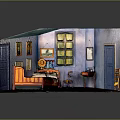Commercial Equipment For Miniature Room Scene With Wooden Floor Blue Door Window And Furniture