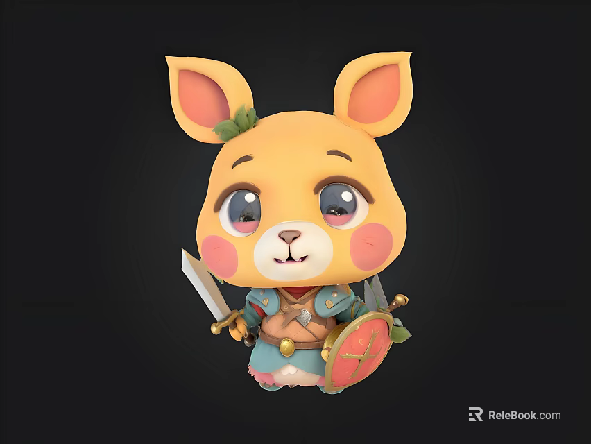 Cute Cartoon Rabbit Character With Big Ears Blush Cheeks Warrior Outfit Holding Sword Shield 3d model 