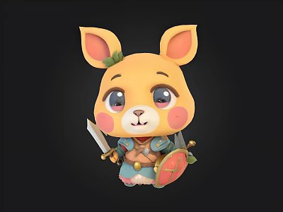 Cute Cartoon Rabbit Character With Big Ears Blush Cheeks Warrior Outfit Holding Sword Shield 3d model