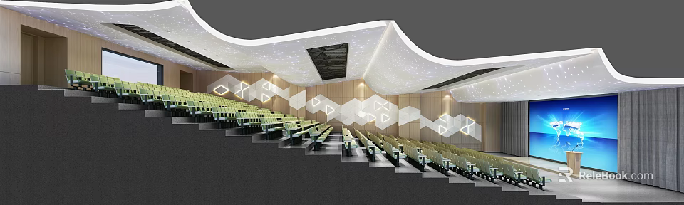 School Modern Lecture Hall Interior With Green Seats Geometric Wall Decor And Unique Ceiling Lighting 3d model 