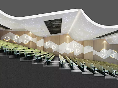 School Modern Lecture Hall Interior With Green Seats Geometric Wall Decor And Unique Ceiling Lighting 3d model