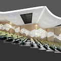 School Modern Lecture Hall Interior With Green Seats Geometric Wall Decor And Unique Ceiling Lighting