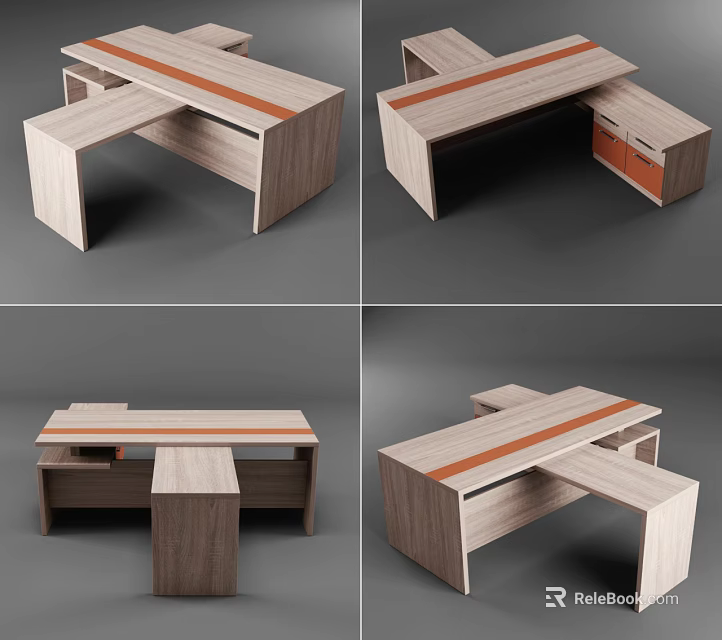 Modern Wooden Office Desk With Cross Shaped Design Orange Accent Stripe And Storage Cabinets 3d model 