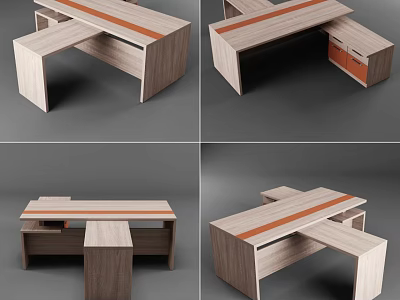 Modern Wooden Office Desk With Cross Shaped Design Orange Accent Stripe And Storage Cabinets 3d model