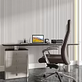 Modern Minimalist Desk With Brown Office Chair Laptop Table Lamp And Striped Wall