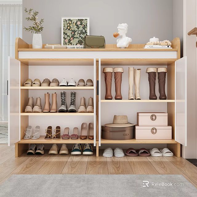 Modern Wooden Shoe Cabinet With Multiple Shelves Decorative Items And Various Shoes 3d model 