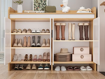 Modern Wooden Shoe Cabinet With Multiple Shelves Decorative Items And Various Shoes 3d model
