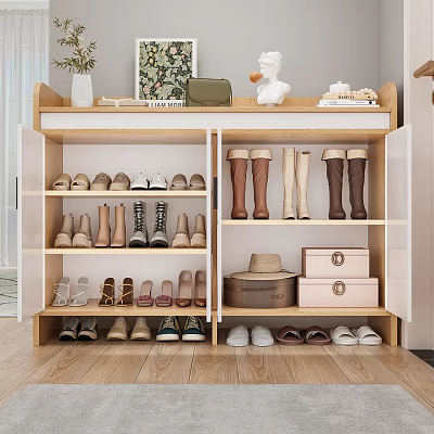 Modern Wooden Shoe Cabinet With Multiple Shelves Decorative Items And Various Shoes 3d model