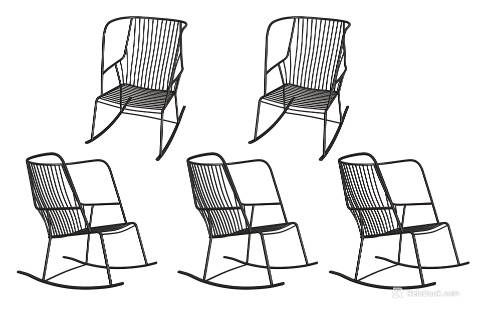 Five Black White Striped Rocking Chairs with Metal Frame and Simple Modern Design 3d model 