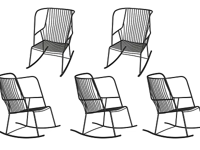 Five Black White Striped Rocking Chairs with Metal Frame and Simple Modern Design 3d model