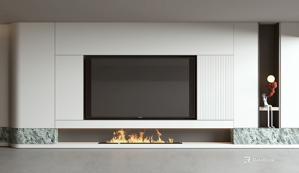 White TV Wall with Black TV Fireplace Flames Vertical Stripe Design and Green Stone Base 3d model 