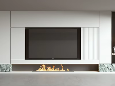 White TV Wall with Black TV Fireplace Flames Vertical Stripe Design and Green Stone Base 3d model