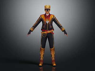 Ornate Mystical Character Wearing Black Gold Attire With Crown Mask And Creature Motifs 3d model