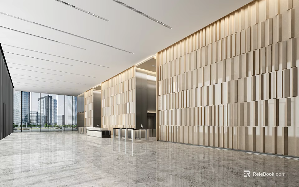 Modern Lobby Reception Desk With Wooden Slat Walls And Polished Marble Floor 3d model 
